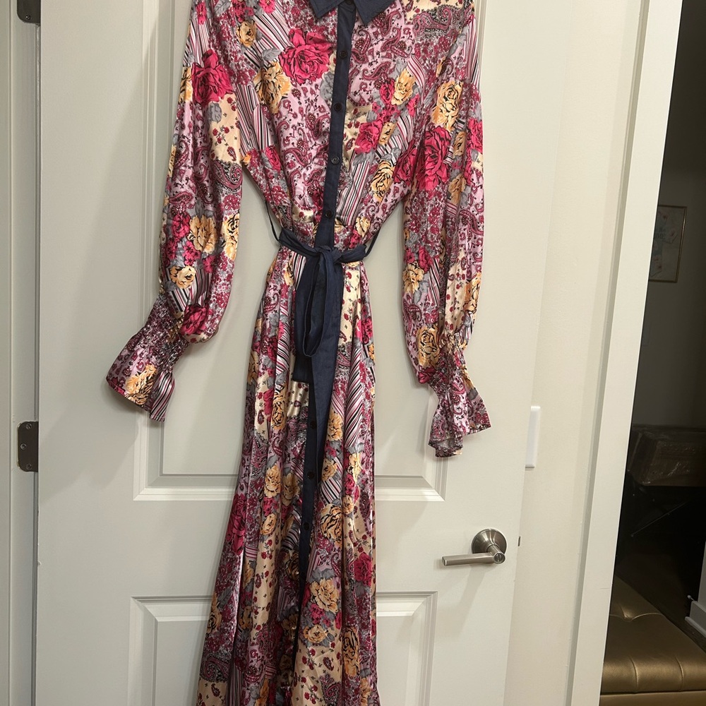 Floral Long Sleeve Maxi Dress with Denim Collar, Placket and Belt w/Side Pockets